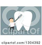 Poster, Art Print Of Flat Modern White Businessman Brushing A Giant Tooth Over Blue
