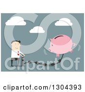 Poster, Art Print Of Flat Modern White Businessman Pumping Money Into A Piggy Bank Over Blue