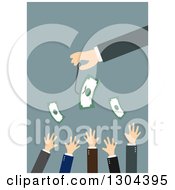 Clipart Of A Flat Modern White Businessman Holding Cash On A Hook Over Hands Over Blue Royalty Free Vector Illustration