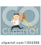 Poster, Art Print Of Flat Modern White Businessman Running With A Spilling Money Bag Over Blue