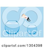 Clipart Of A Flat Modern White Businessman Leaping Into A Larger Fish Bowl Over Blue Royalty Free Vector Illustration