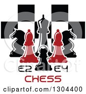 Poster, Art Print Of Red And Black Chess Pieces Against A Checker Board Over Text