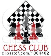 Poster, Art Print Of Red And Black Chess Pieces Against A Diamond Checker Board Over Text