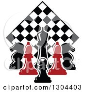 Red And Black Chess Pieces Against A Diamond Checker Board