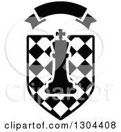 Black And White Outlined Chess King Piece Over A Checkered Shield With A Blank Banner
