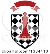 Clipart Of A Red Chess King Piece With Outline Space Over A Checkered Shield With A Blank Red Banner Royalty Free Vector Illustration