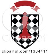 Clipart Of A Red Chess King Piece Over A Checkered Shield With A Blank Red Banner Royalty Free Vector Illustration