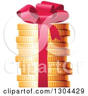Poster, Art Print Of 3d Stack Of Golden Coins With A Red Gift Bow