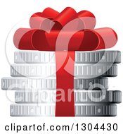 3d Stack Of Silver Coins With A Red Gift Bow