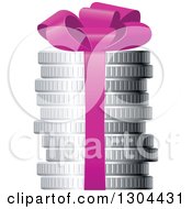 3d Stack Of Silver Coins With A Purple Gift Bow
