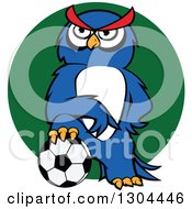 Poster, Art Print Of Cartoon Blue Sporty Owl Resting A Foot On A Soccer Ball Over A Green Circle