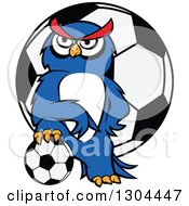 Poster, Art Print Of Cartoon Blue Sporty Owl Resting A Foot On A Soccer Ball Over A Giant Ball