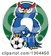 Poster, Art Print Of Cartoon Outlined Blue Sporty Owl Resting A Foot On A Soccer Ball Over A Green Circle