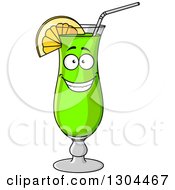 Clipart Of A Green Cocktail Beverage Character With A Straw And Lemon Royalty Free Vector Illustration