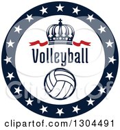 Clipart Of A Navy Blue Circle Of Stars Around A Crown Volleyball And Text Royalty Free Vector Illustration