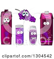 Clipart Of A Happy Bunch Of Purple Grapes Character Juice Glasses And Cartons 2 Royalty Free Vector Illustration