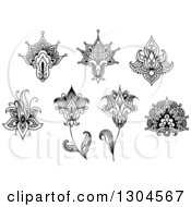 Clipart Of Black And White Henna And Lotus Flowers 7 Royalty Free Vector Illustration
