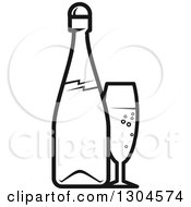 Clipart Of A Black And White Champagne Bottle And Glass Royalty Free Vector Illustration