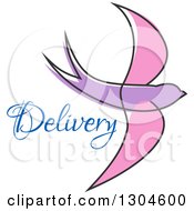 Clipart Of A Sketched Pink And Purple Bird And Flight Text Royalty Free Vector Illustration