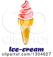 Clipart Of A Pink Strawberry Waffle Ice Cream Cone Over Blue Text Royalty Free Vector Illustration