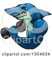 Poster, Art Print Of Cartoon Tough Blue Bodybuilder Shark Working Out With A Dumbbell