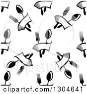 Clipart Of A Seamless Pattern Background Of Black And White Forks Spoons And Banners Royalty Free Vector Illustration