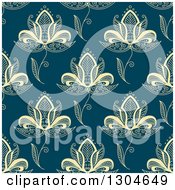 Poster, Art Print Of Background Pattern Of Seamless Yellow Henna Flowers On Blue