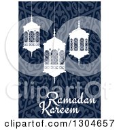 Clipart Of A Ramadan Kareem Greeting With White Lanterns Over A Blue Pattern Royalty Free Vector Illustration