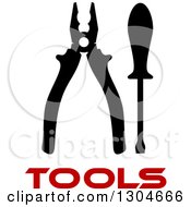 Poster, Art Print Of Black Silhouetted Screwdriver And Pliers Over Red Tools Text
