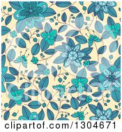 Clipart Of A Seamless Background Pattern Of Doodled Blue And Turquoise Flowers Over Yellow Royalty Free Vector Illustration