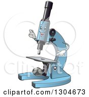 Poster, Art Print Of Cartoon Blue Microscope Character Pointing And Gesturing