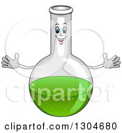 Clipart Of A Welcoming Cartoon Laboratory Flask Character With Green Liquid Royalty Free Vector Illustration