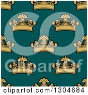 Poster, Art Print Of Seamless Pattern Background Of Gold Crowns On Teal
