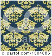 Clipart Of A Seamless Background Pattern Of Green Floral Over Blue Royalty Free Vector Illustration