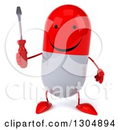 Clipart Of A 3d Happy Red And White Pill Character Holding A Screwdriver Royalty Free Illustration