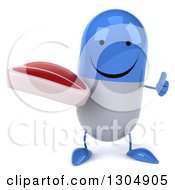 Clipart Of A 3d Happy Blue And White Pill Character Holding A Beef Steak And Thumb Up Royalty Free Illustration