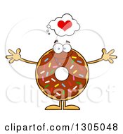 Clipart Of A Cartoon Loving Round Chocolate Sprinkled Donut Character Wanting A Hug Royalty Free Vector Illustration