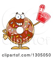 Cartoon Happy Round Chocolate Sprinkled Donut Character Wearing A Foam Finger