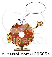 Poster, Art Print Of Cartoon Happy Round Chocolate Sprinkled Donut Character Talking And Waving