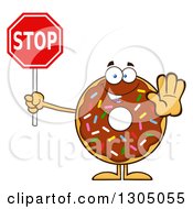 Cartoon Happy Round Chocolate Sprinkled Donut Character Gestruing And Holding A Stop Sign