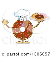 Cartoon Happy Round Chocolate Sprinkled Donut Chef Character Holding A Plate Of Doughnuts