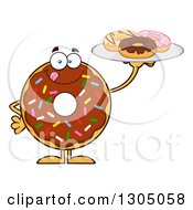 Cartoon Happy Round Chocolate Sprinkled Donut Character Holding A Plate Of Doughnuts