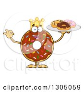 Cartoon Happy Round Chocolate Sprinkled Donut King Character Holding A Plate Of Doughnuts