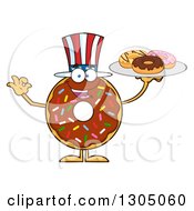 Cartoon Happy American Round Chocolate Sprinkled Donut Character Holding A Plate Of Doughnuts