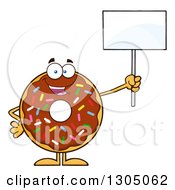Cartoon Happy Round Chocolate Sprinkled Donut Character Holding Up A Blank Sign
