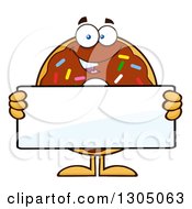 Cartoon Happy Round Chocolate Sprinkled Donut Character Holding A Blank Sign