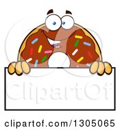 Poster, Art Print Of Cartoon Happy Round Chocolate Sprinkled Donut Character Over A Blank Sign