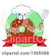 Poster, Art Print Of Cartoon Happy Round Chocolate Sprinkled Donut Chef Character Holding A Spatula Over A Blank Banner And Green Circle