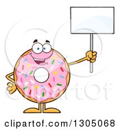Cartoon Happy Round Pink Sprinkled Donut Character Holding Up A Blank Sign