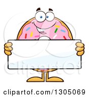 Cartoon Happy Round Pink Sprinkled Donut Character Holding A Blank Sign